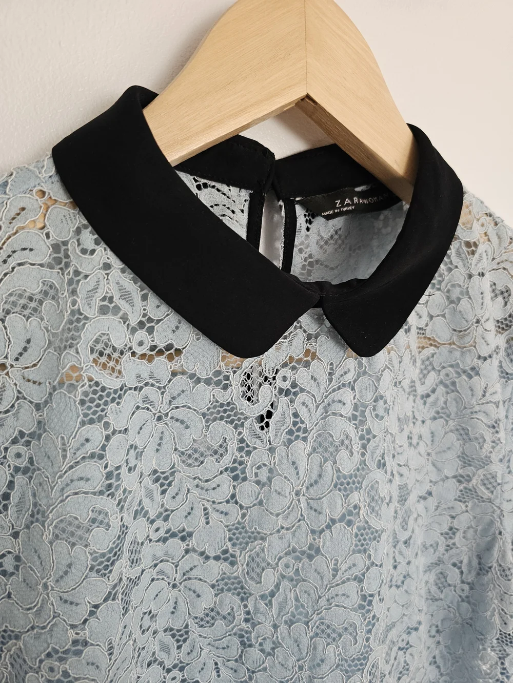Zara Powder Blue Lace Blouse Black Peter Pan Collar Size S - Picture 5 of 8